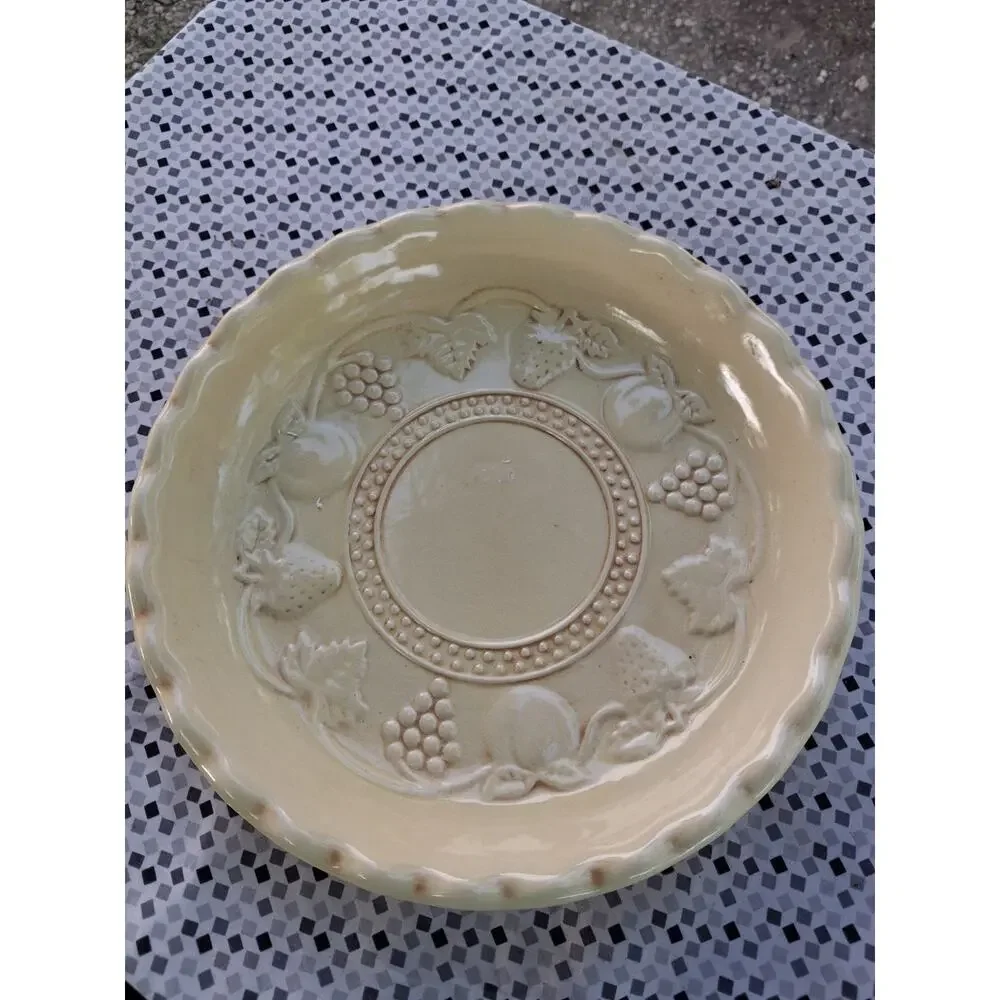 Vintage-Style Stoneware Pie Plate ~ Embossed Fruit/Leaf Pattern, Scalloped Edge